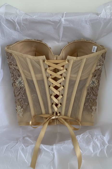 Beaded Corset Blouse for Special Ocasion Boning Bustier Top with Lace Appliques - Photo Color 