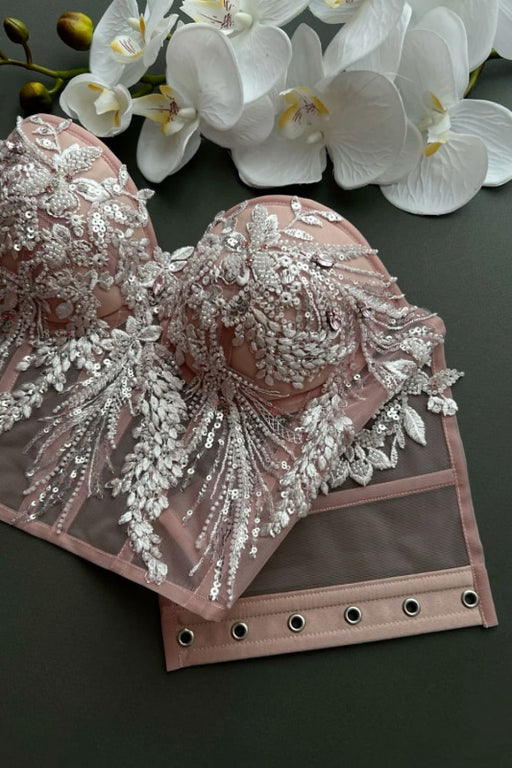 Beaded Corset Top Lace-up Closure Boning Appliques Custom Corset Blouse - Photo Color - Dress