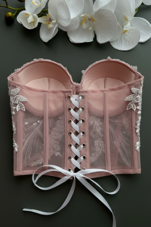 Beaded Corset Top Lace-up Closure Boning Appliques Custom Corset Blouse - Photo Color