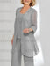 Close-up of the beaded lace top and jacket in grey