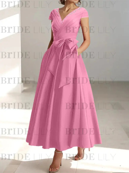 Candy Pink satin mother of the bride tea length dress with bow and pockets