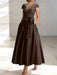 Chocolate satin mother of the bride tea length dress with bow and pockets