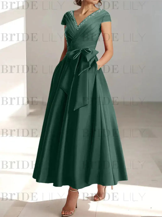Dark Green satin mother of the bride tea length dress with bow and pockets