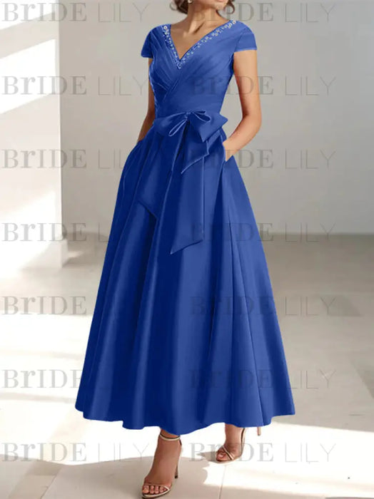 Dark Royal Blue satin mother of the bride tea length dress with bow and pockets
