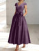 Grape satin mother of the bride tea length dress with bow and pockets