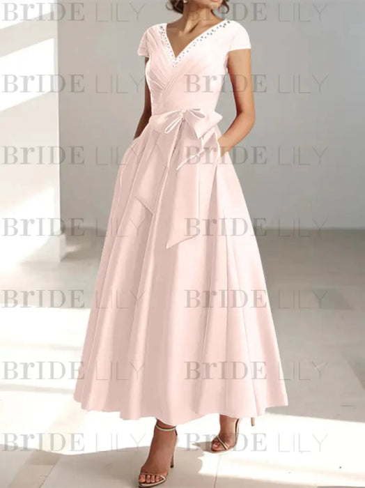 Petal satin mother of the bride tea length dress with bow and pockets