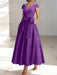 Plum satin mother of the bride tea length dress with bow and pockets
