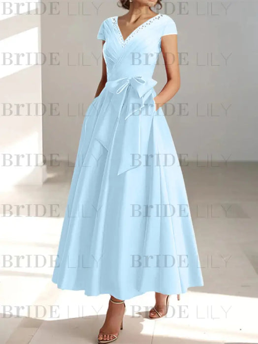 Sky Blue satin mother of the bride tea length dress with bow and pockets