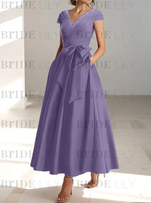 Tahiti satin mother of the bride tea length dress with bow and pockets