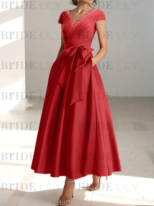 Wine Red satin mother of the bride tea length dress with bow and pockets