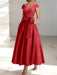 Wine Red satin mother of the bride tea length dress with bow and pockets