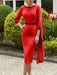 Red crepe mother of the bride knee length dress with beaded trim
