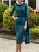 Teal crepe mother of the bride knee length dress with beaded trim