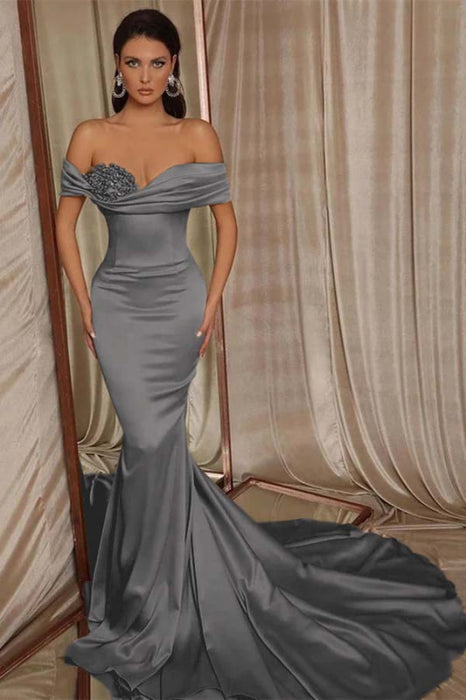 Beaded Off-the-Shoulder Mermaid Evening Gown with Ruffle - Prom Dresses