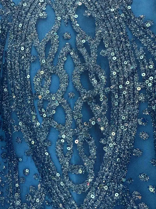 Beaded sequin lace fabric close-up in blue