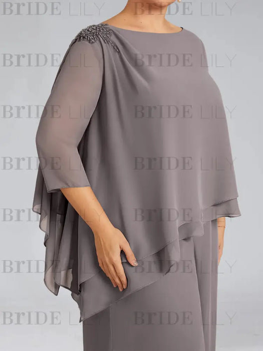 Close-up of beaded shoulder detail on mauve grey chiffon top