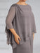 Close-up of beaded shoulder detail on mauve grey chiffon top