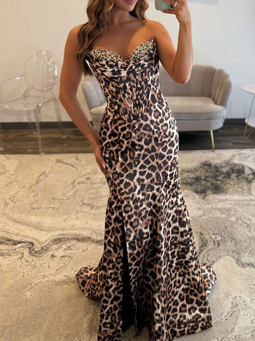 Beaded Sweetheart Mermaid Corset Prom Dress with Leopard Print