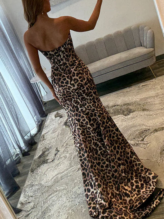 Beaded Sweetheart Mermaid Corset Prom Dress with Leopard Print