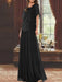 Black beaded chiffon overtop with a matching floor-length skirt