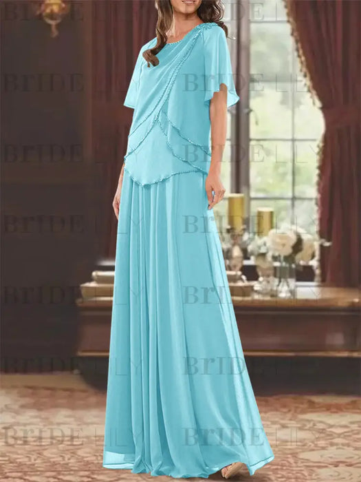 Blue mother of the bride beaded chiffon two-piece floor-length dress