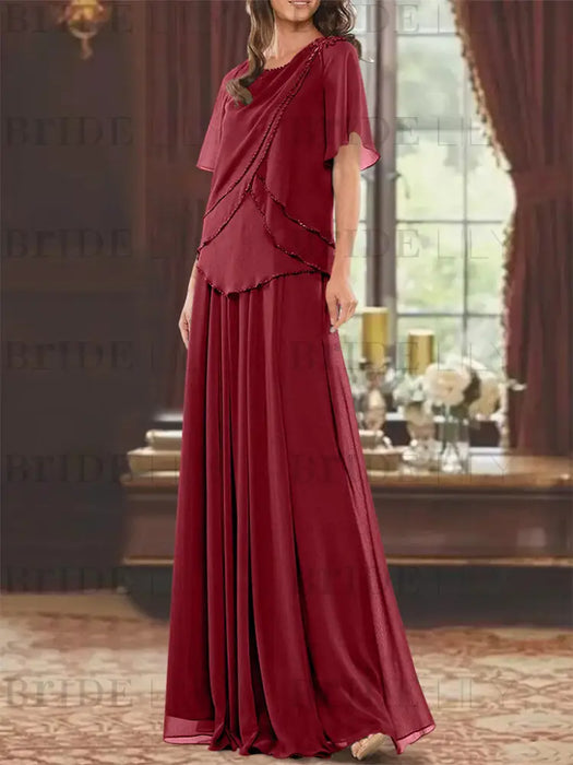Burgundy mother of the bride beaded chiffon two-piece floor-length dress