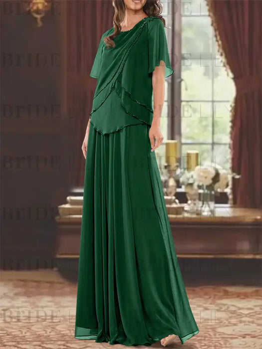 Dark Green mother of the bride beaded chiffon two-piece floor-length dress