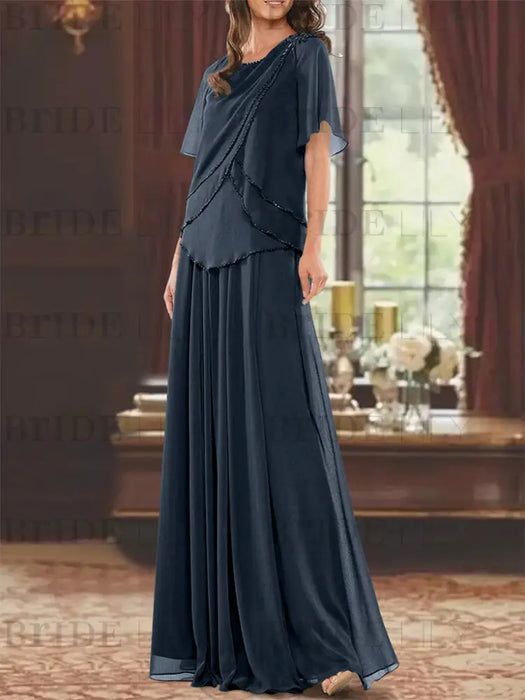 Dark Navy mother of the bride beaded chiffon two-piece floor-length dress