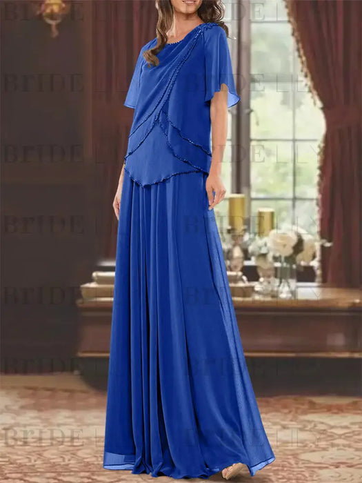 Dark Royal Blue mother of the bride beaded chiffon two-piece floor-length dress