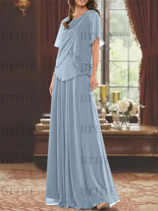 Dusty Blue mother of the bride beaded chiffon two-piece floor-length dress