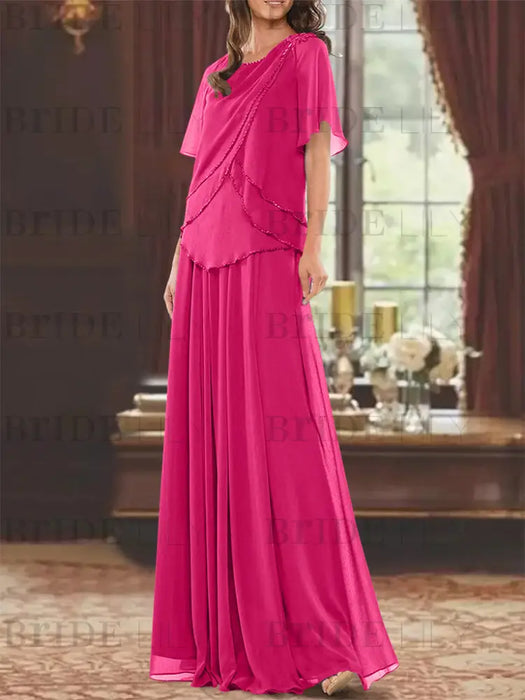 Fuchsia mother of the bride beaded chiffon two-piece floor-length dress