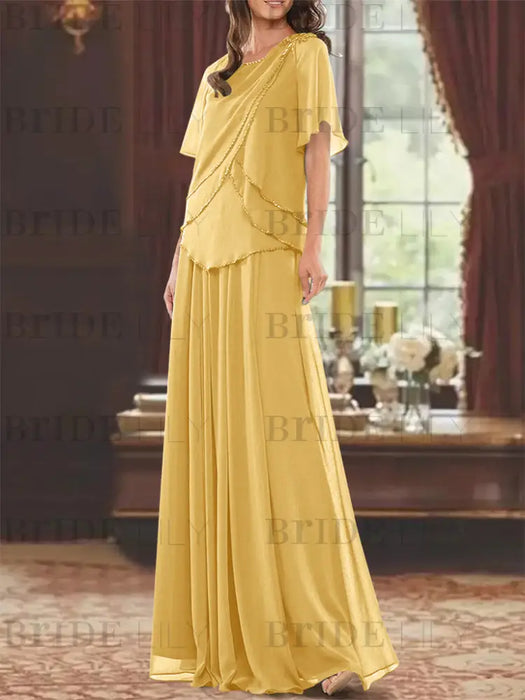 Gold mother of the bride beaded chiffon two-piece floor-length dress