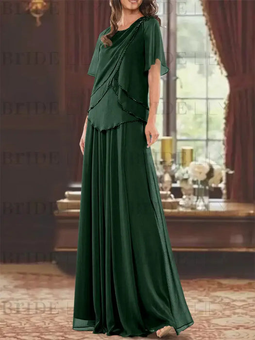 Green Black mother of the bride beaded chiffon two-piece floor-length dress