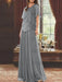 Grey beaded chiffon overtop with a matching floor-length skirt
