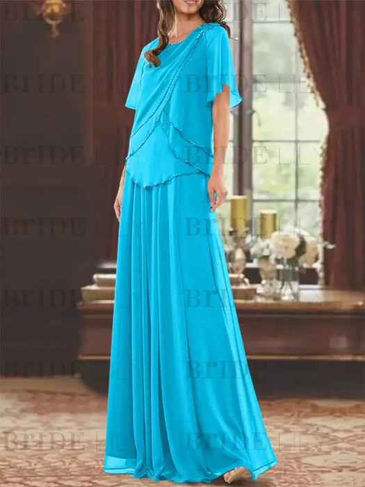 Ocean Blue mother of the bride beaded chiffon two-piece floor-length dress