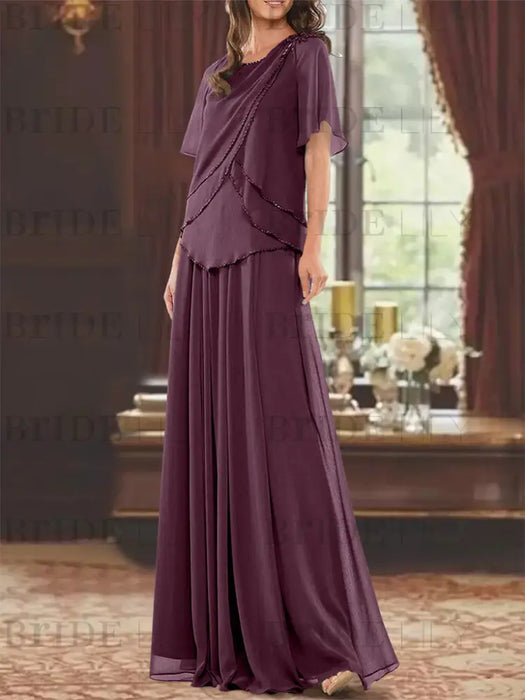 Plum mother of the bride beaded chiffon two-piece floor-length dress
