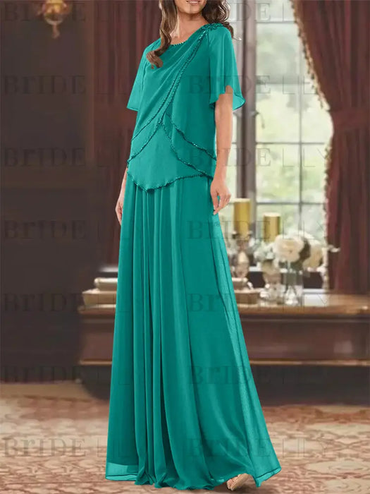 Pool mother of the bride beaded chiffon two-piece floor-length dress