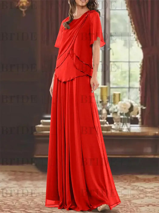 Red mother of the bride beaded chiffon two-piece floor-length dress