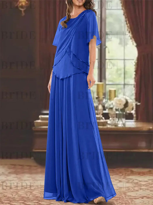 Royal Blue mother of the bride beaded chiffon two-piece floor-length dress