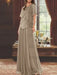 Taupe beaded chiffon overtop with a matching floor-length skirt