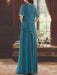 Back view of the teal beaded chiffon two-piece outfit