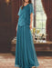 Teal beaded chiffon overtop with a matching floor-length skirt