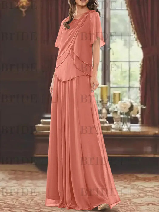 Watermelon mother of the bride beaded chiffon two-piece floor-length dress