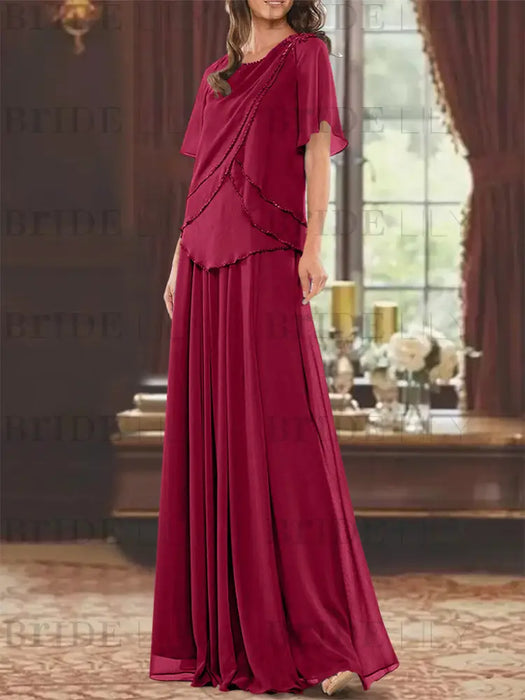 Wine Red mother of the bride beaded chiffon two-piece floor-length dress