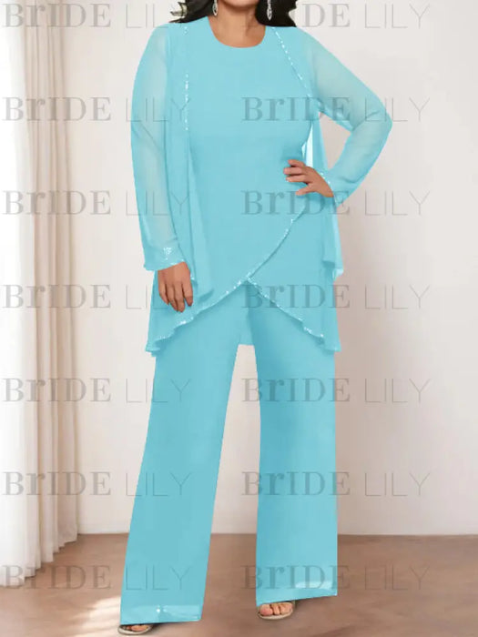 Plus size aqua chiffon pantsuit with a beaded tunic and jacket