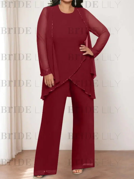 Plus size burgundy chiffon pantsuit with a beaded tunic