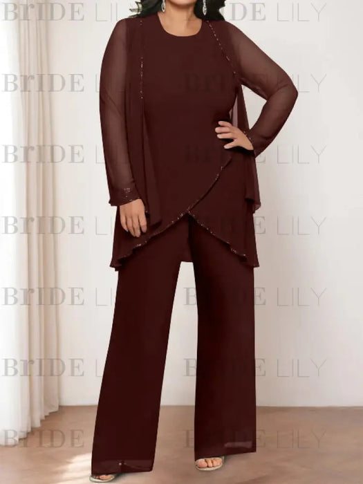 Plus size chocolate chiffon pantsuit with a beaded tunic