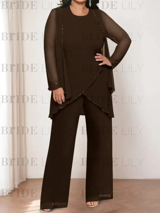 Plus size coffee brown chiffon pantsuit with a beaded tunic