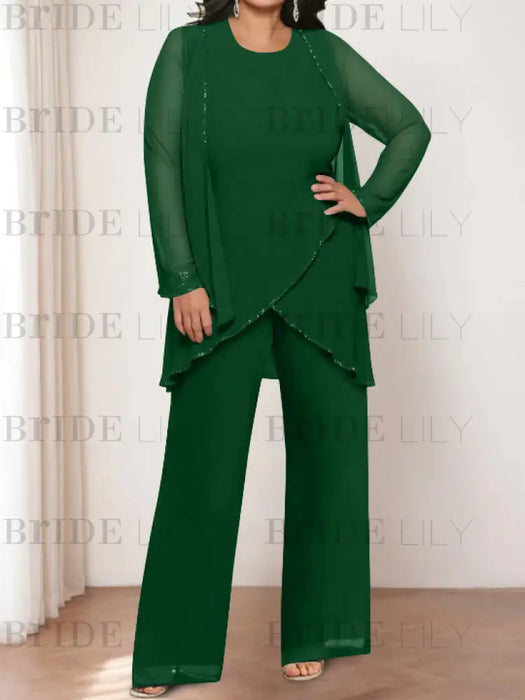 Dark Green plus size chiffon mother of the bride pantsuit with jacket