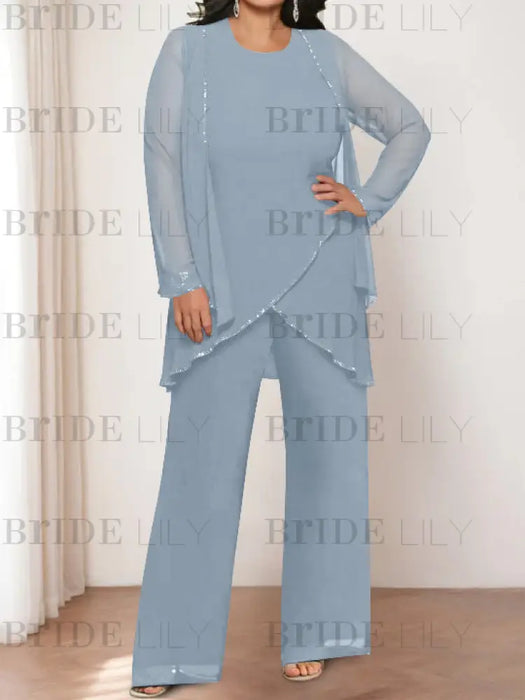Dusty Blue plus size chiffon mother of the bride pantsuit with jacket